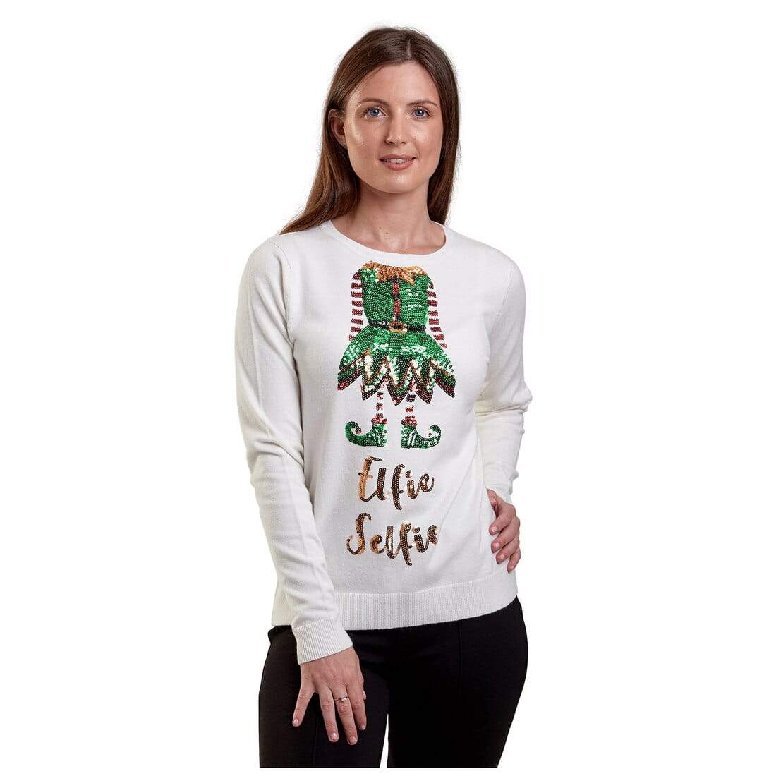Mr Crimbo Ladies Sparkly Elfie Selfie Slogan Christmas Jumper