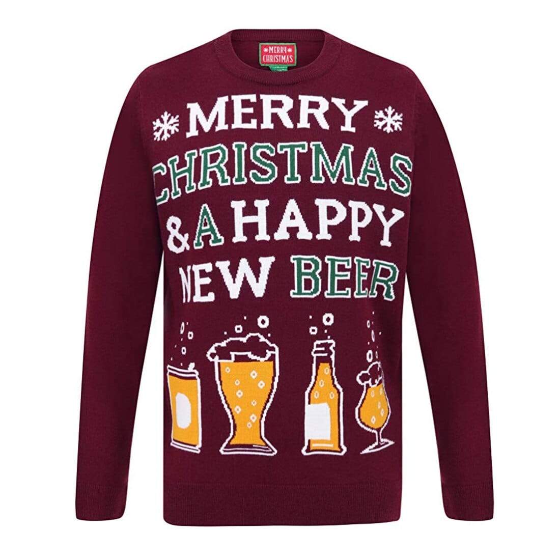 Mr Crimbo Mens Happy New Beer Slogan Knit Christmas Jumper MrCrimbo
