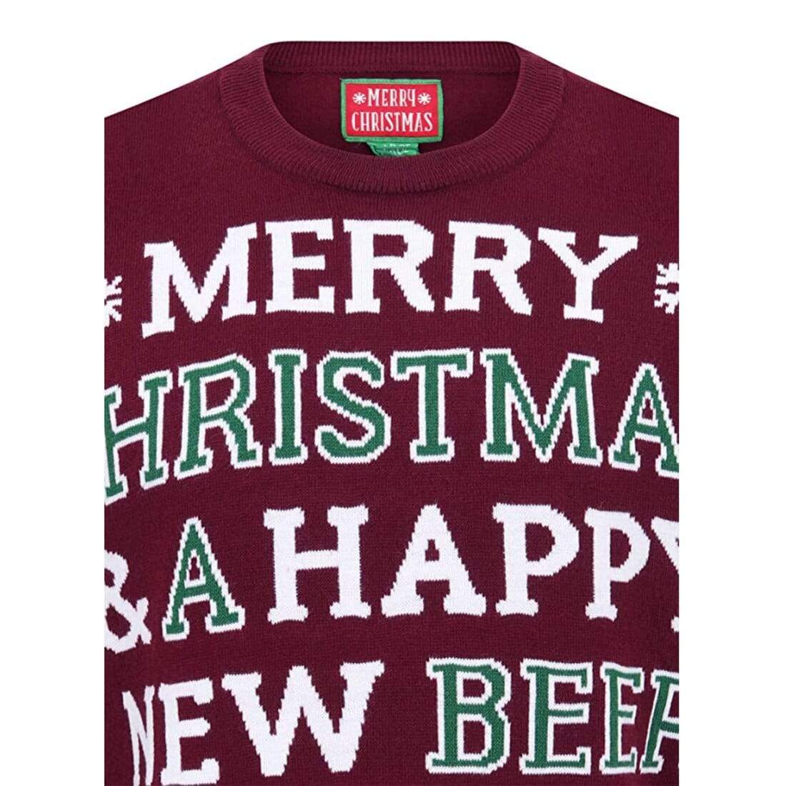 Mr Crimbo Mens Happy New Beer Slogan Knit Christmas Jumper - MrCrimbo.co.uk -SRG1A13460_A - Oxblood Red -beer jumper