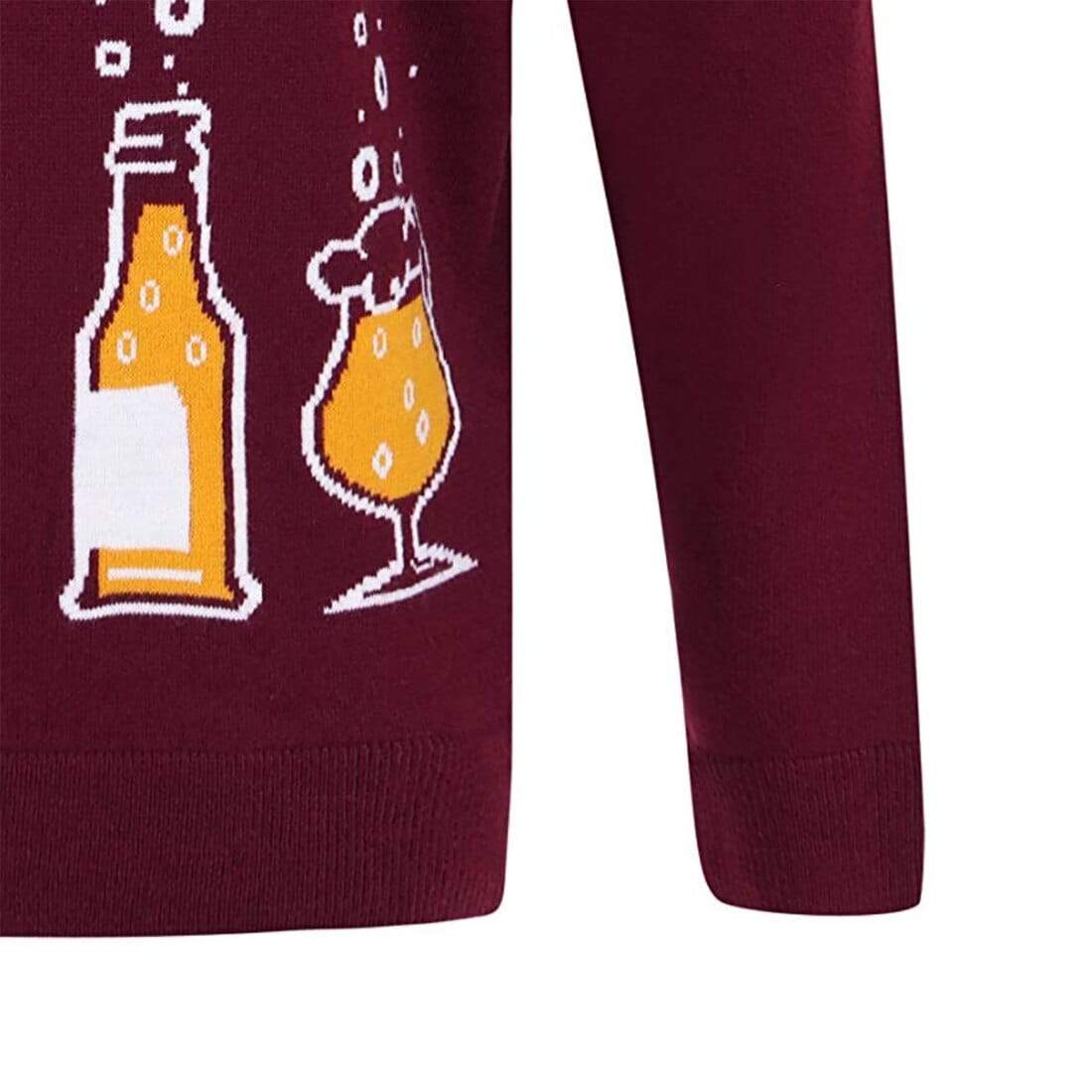 Mr Crimbo Mens Happy New Beer Slogan Knit Christmas Jumper - MrCrimbo.co.uk -SRG1A13460_A - Oxblood Red -beer jumper