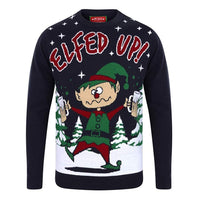 Mr Crimbo Mens Elfed Up Slogan Crew Knit Christmas Jumper - MrCrimbo.co.uk -SRG1A13478_A - Blue -drunk jumper