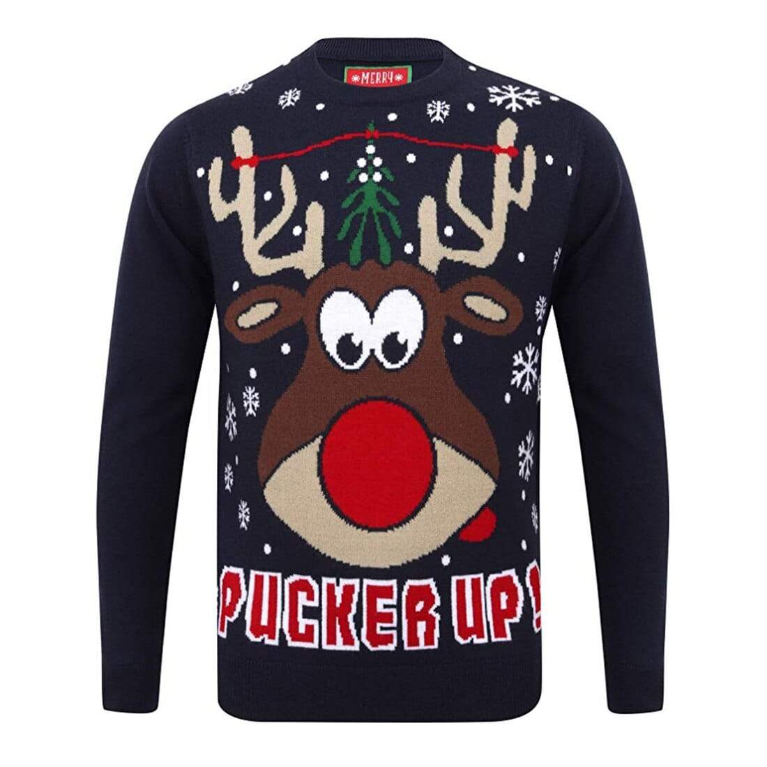 Mr Crimbo Mens Pucker Up Reindeer Knit Christmas Jumper - MrCrimbo.co.uk -SRG1A13480_A - Blue -festive jumper