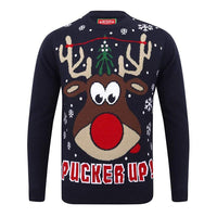 Mr Crimbo Mens Pucker Up Reindeer Knit Christmas Jumper - MrCrimbo.co.uk -SRG1A13480_A - Blue -festive jumper