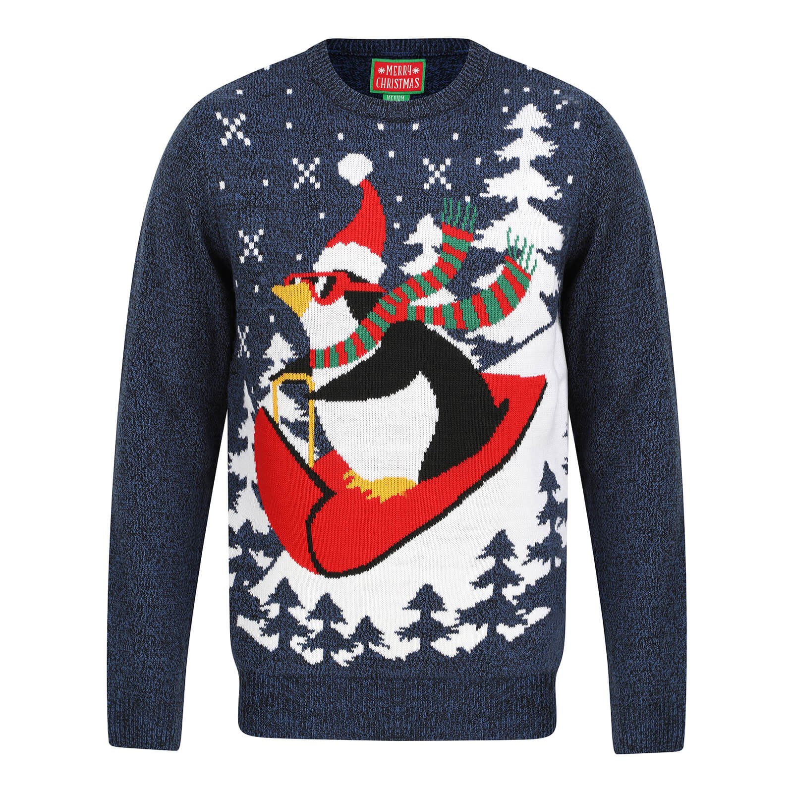Mr Crimbo Mens Penguin Christmas Jumper With Red Sledge - MrCrimbo.co.uk -SRG1A15802_F - Blue -Blue