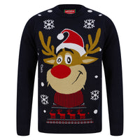 Mr Crimbo Mens Rudolph Smiling Reindeer Christmas Jumper - MrCrimbo.co.uk -SRG1A17079_A - Ink -Blue