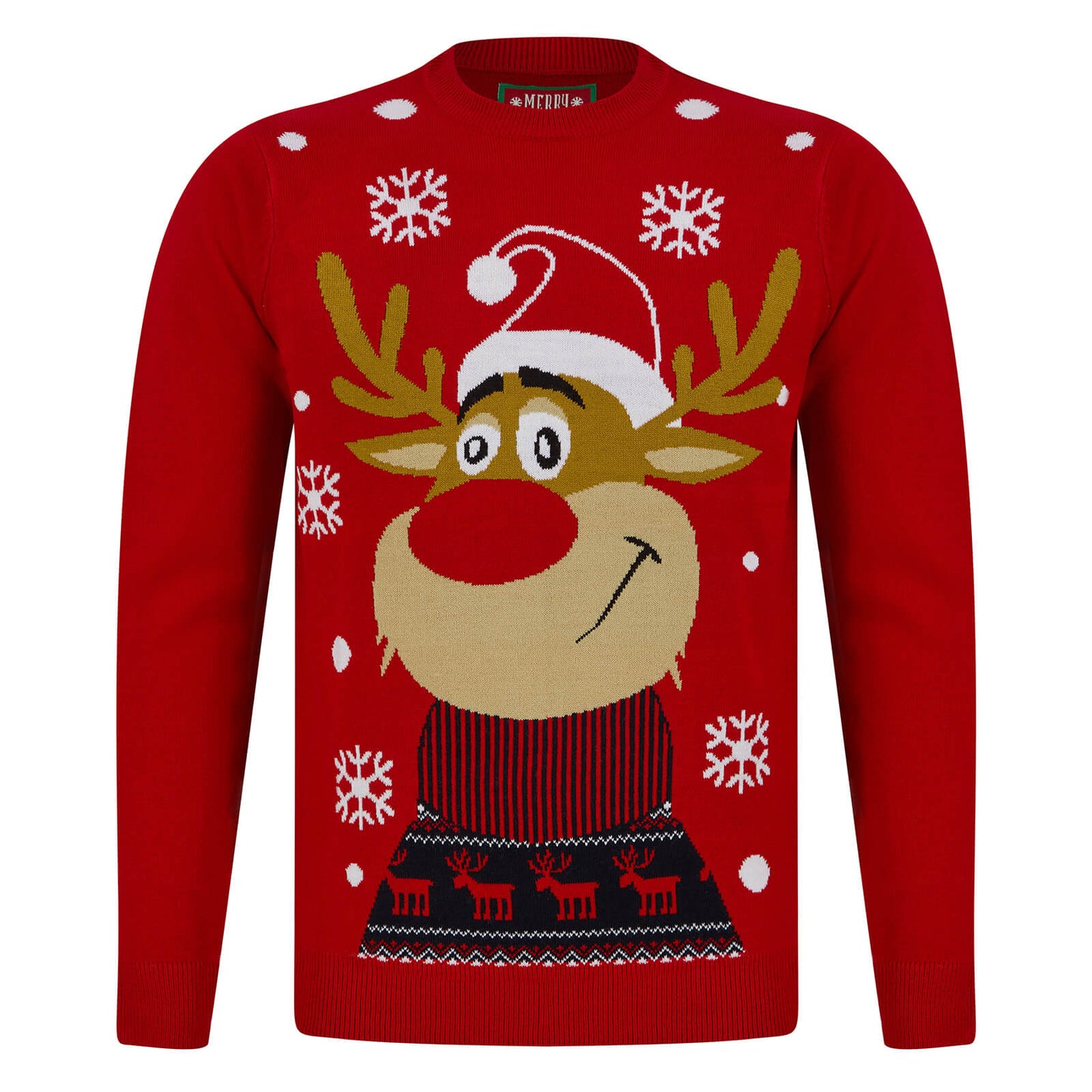 Mr Crimbo Mens Rudolph Smiling Reindeer Christmas Jumper - MrCrimbo.co.uk -SRG1A17079_F - Red -Blue