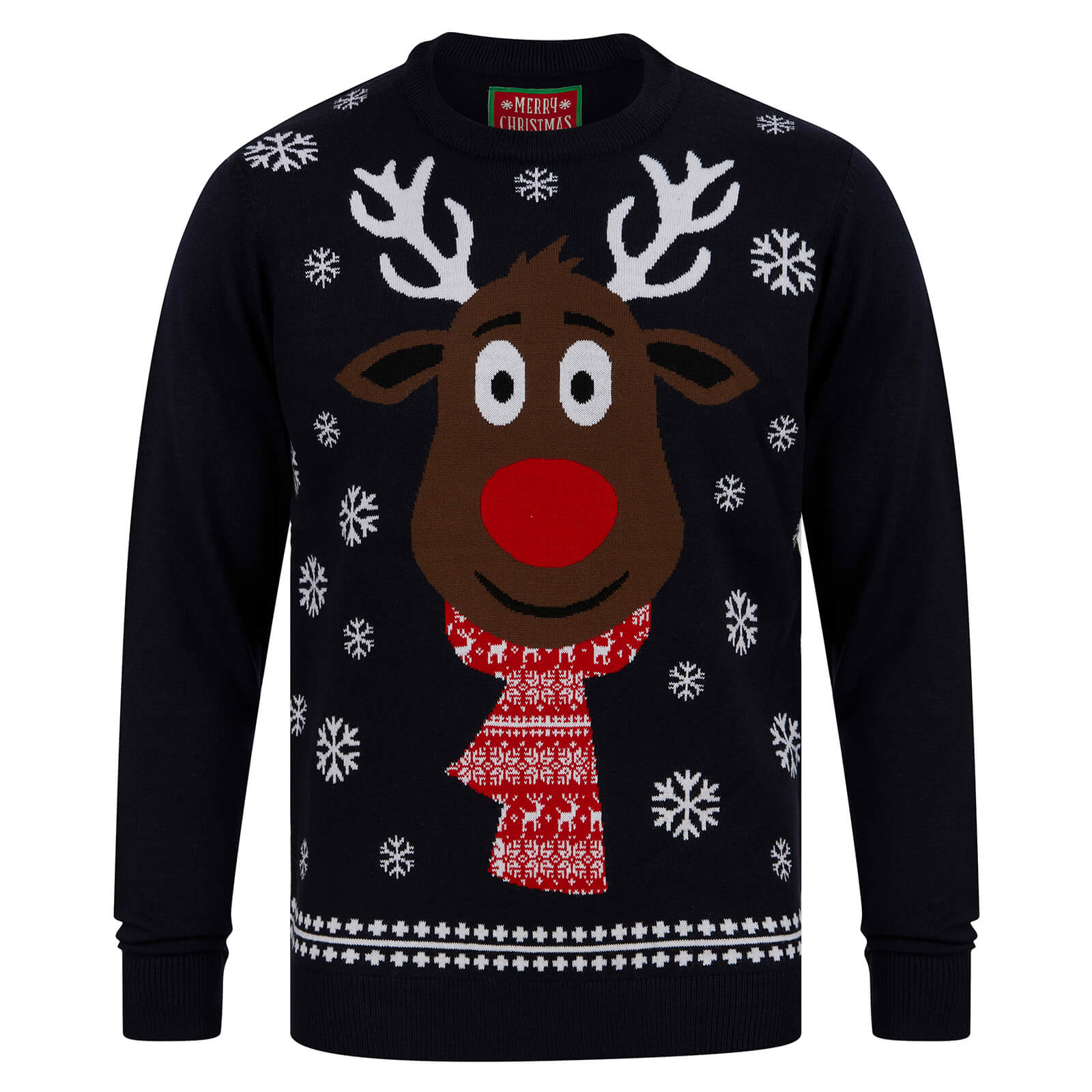 Mr Crimbo Mens Rudolph Festive Scarf Reindeer Christmas Jumper - MrCrimbo.co.uk -SRG1A17081_A - Ink -Blue