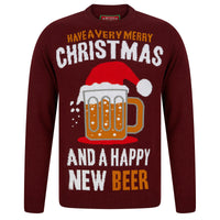 Mr Crimbo Mens Festive Happy New Beer Christmas Jumper - MrCrimbo.co.uk -SRG1A17085_E - Claret -Blue