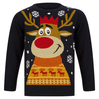 Mr Crimbo Kids Christmas Jumper Smiling Rudolph Snowflakes - MrCrimbo.co.uk -SRG2A17151_E - Ink -christmas jumper