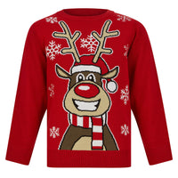 Mr Crimbo Kids Happy Rudolph Reindeer Christmas Jumper Snow - MrCrimbo.co.uk -SRG2A17153_E - George Red -christmas jumper