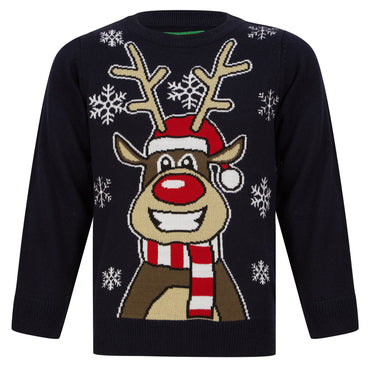 Mr Crimbo Kids Happy Rudolph Reindeer Christmas Jumper Snow - MrCrimbo.co.uk -SRG2A17153_A - Ink -christmas jumper