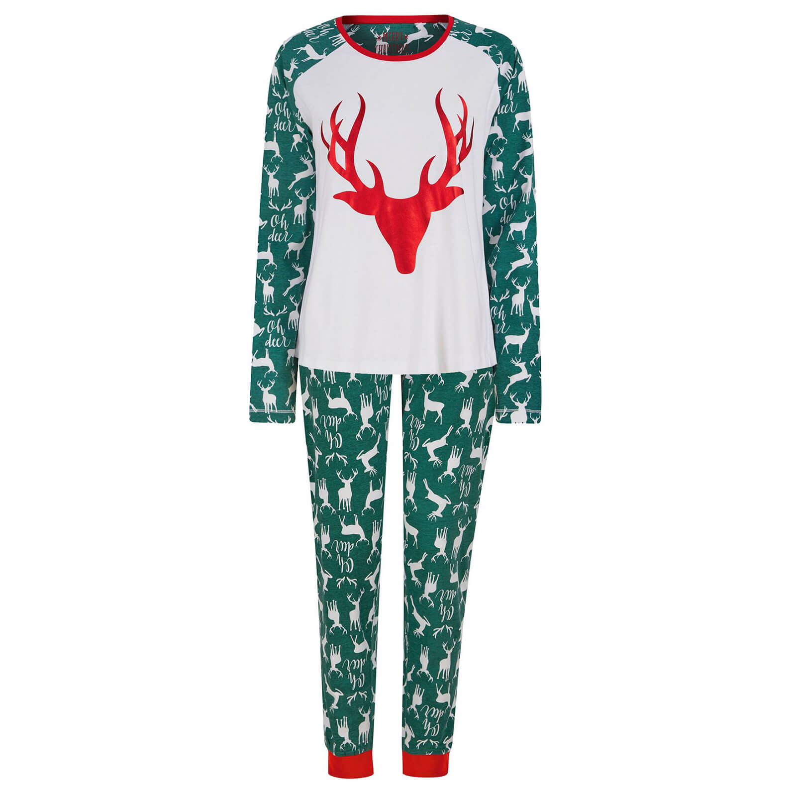 Mr Crimbo Womens Christmas Pyjama Set Stag Head Motif - MrCrimbo.co.uk -SRG3Q17470_A - Green -Green
