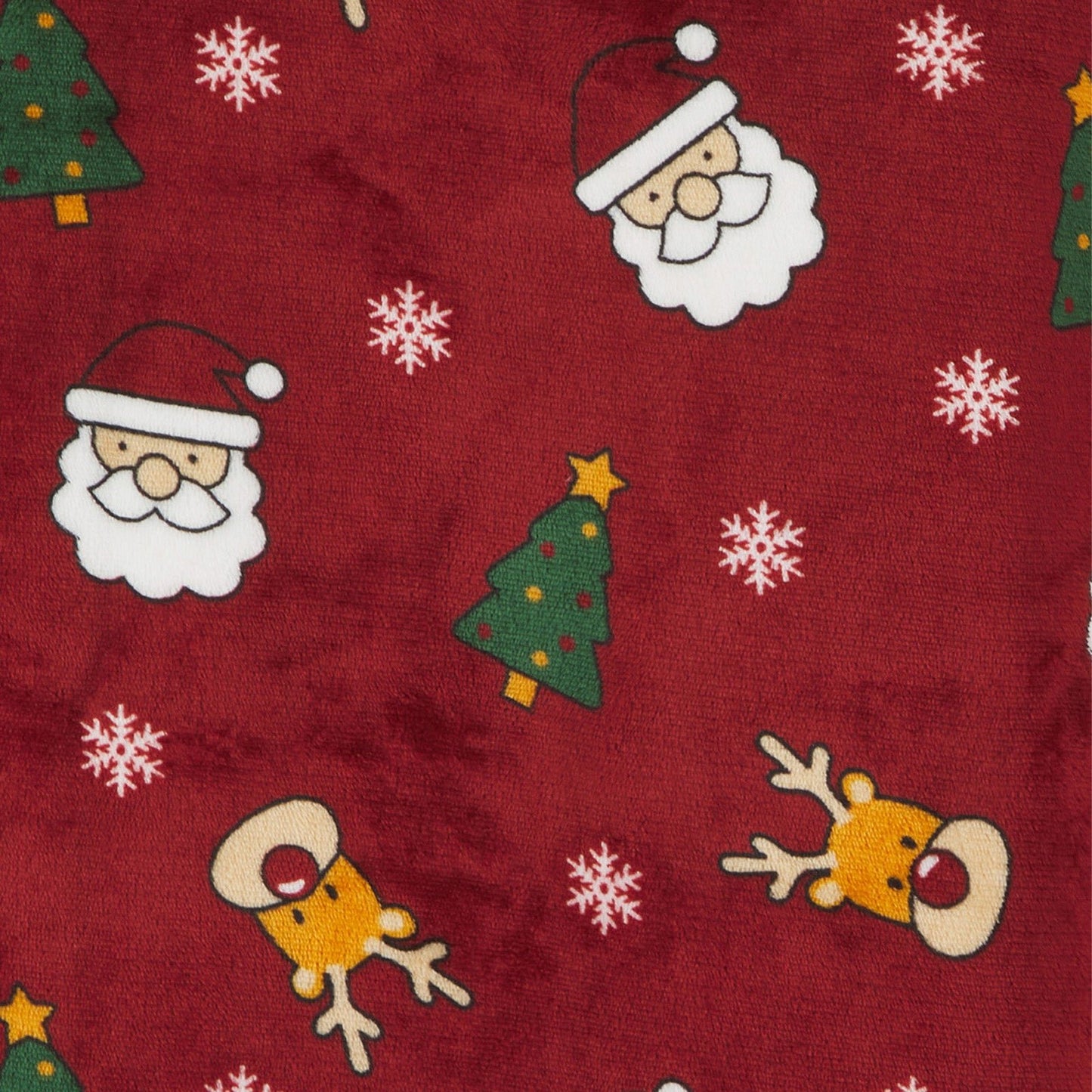detail shot of santa, tree, reindeer and snowflake pattern on red oversized hoodie