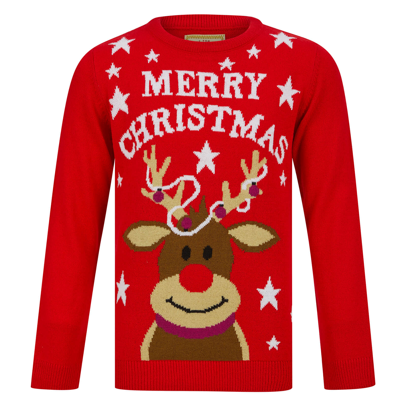 Mr Crimbo Kids Tangled Reindeer Christmas Jumper Red Rudolph Stars - MrCrimbo.co.uk