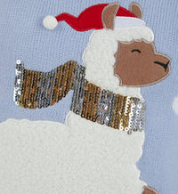 detail shot of llama character featuring sequin scarf and santa hat with 3d pom pom