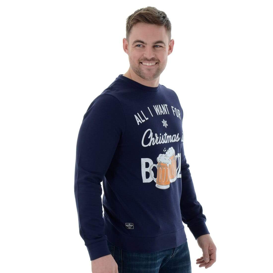 Mr Crimbo Mens Christmas Jumper All I Want Is Booze Slogan - MrCrimbo.co.uk -VISFMV031_C - Navy -beer jumper