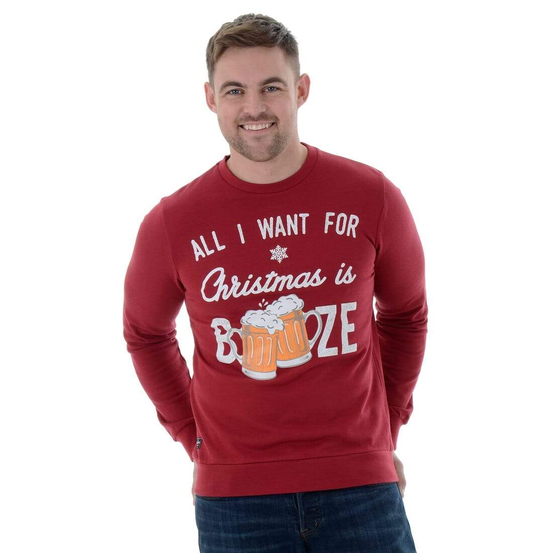 Mr Crimbo Mens Christmas Jumper All I Want Is Booze Slogan - MrCrimbo.co.uk -VISFMV031_H - Red -beer jumper