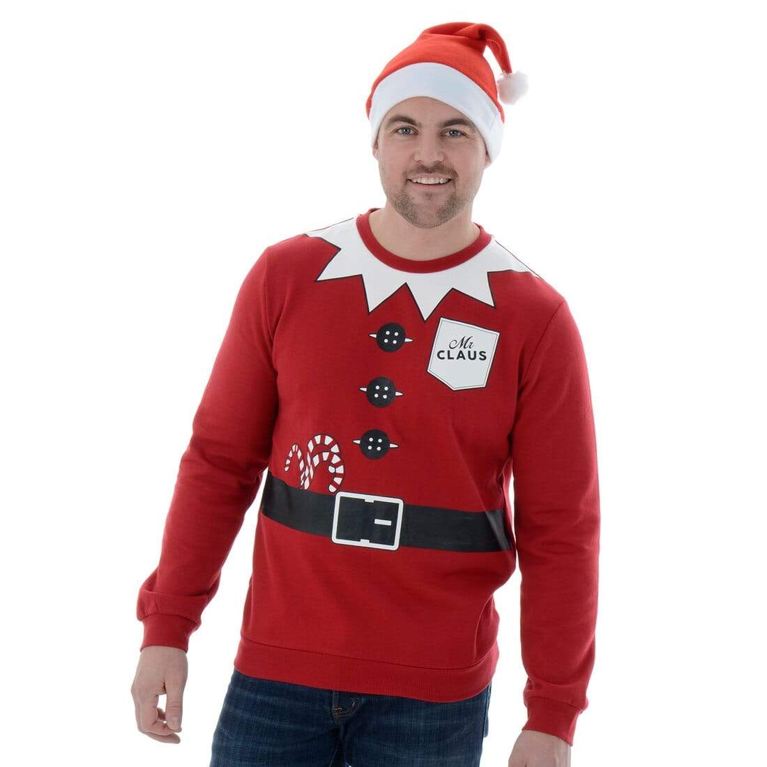 Mr Crimbo Mens Mr Claus Christmas Jumper Sweater & Hat Set - MrCrimbo.co.uk -VISFMV052_A - S -jumper
