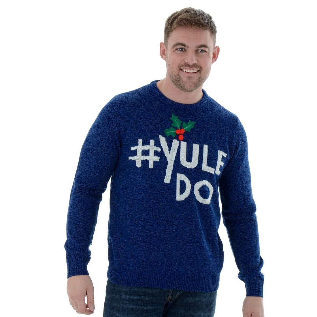 Mr Crimbo Mens Funny Knitted Yule Do Slogan Christmas Jumper - MrCrimbo.co.uk -VISIMX012_C - S -blue xmas jumper