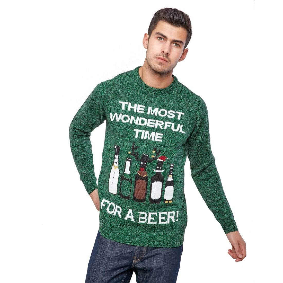 Mr Crimbo Mens Time For A Beer Christmas Jumper Fun Bottles - MrCrimbo.co.uk -VISMW06547GRN_A - S -beer jumper