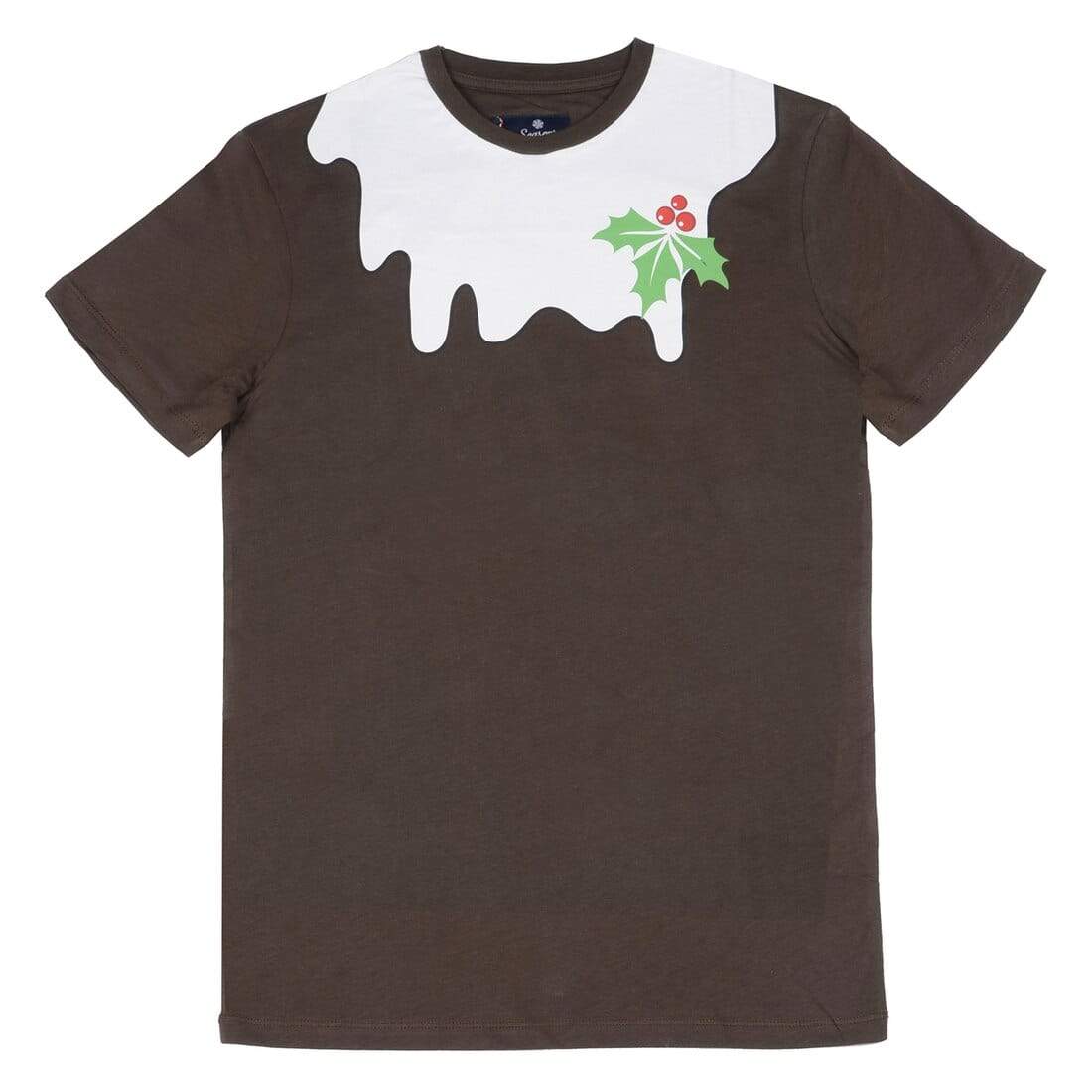Mr Crimbo Mens Crew Brown Xmas Pudding Christmas T-Shirt - MrCrimbo.co.uk -VISMW06029_A - S -christmas day outfit