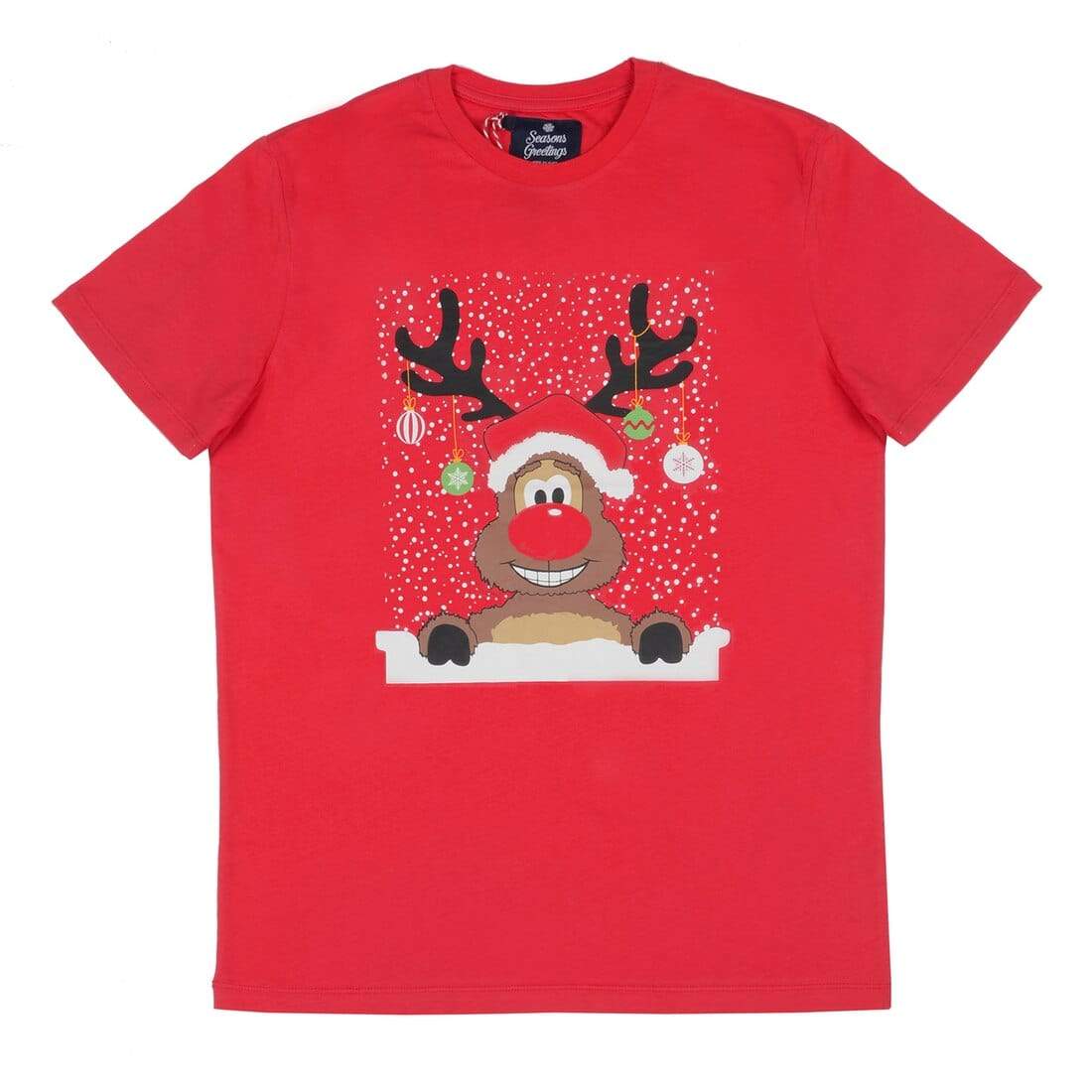Mr Crimbo Mens Crew Red Reindeer Bauble Christmas T-Shirt - MrCrimbo.co.uk -VISMW06034RED_A - S -cute tshirt