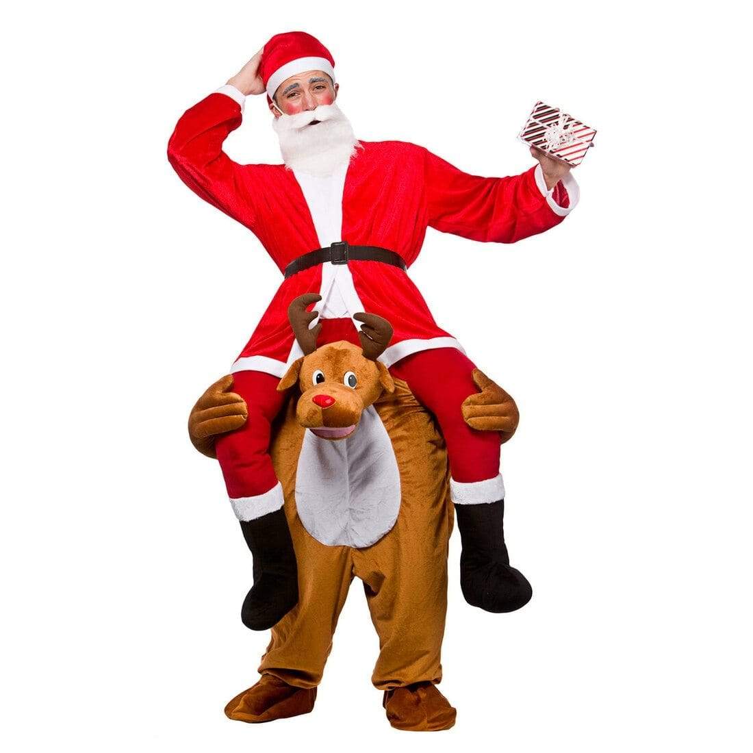 male model wears carry me brown reindeer costume with red nose and antlers