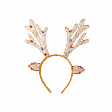 reindeer antler headband features tan headband, gold antlers and ears and decorated with multi coloured baubles