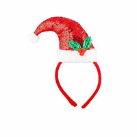 santa hat headband features red shiny sequins, white trim and pom pom and metallic green holly leaf