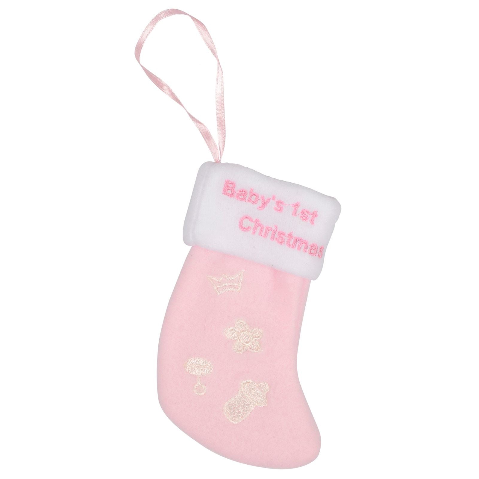 Mr Crimbo Baby 1st Christmas Stocking 5" Tree Decoration - MrCrimbo.co.uk -XS1767 - Pink -baby