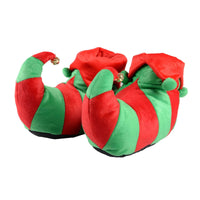 Novelty Christmas Elf slippers for adults, with green and red striped fleece upper, red collar with green pom poms and gold jingle bells on the toes