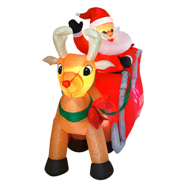 front view of reindeer and santa sleigh inflatable with warm white led lights