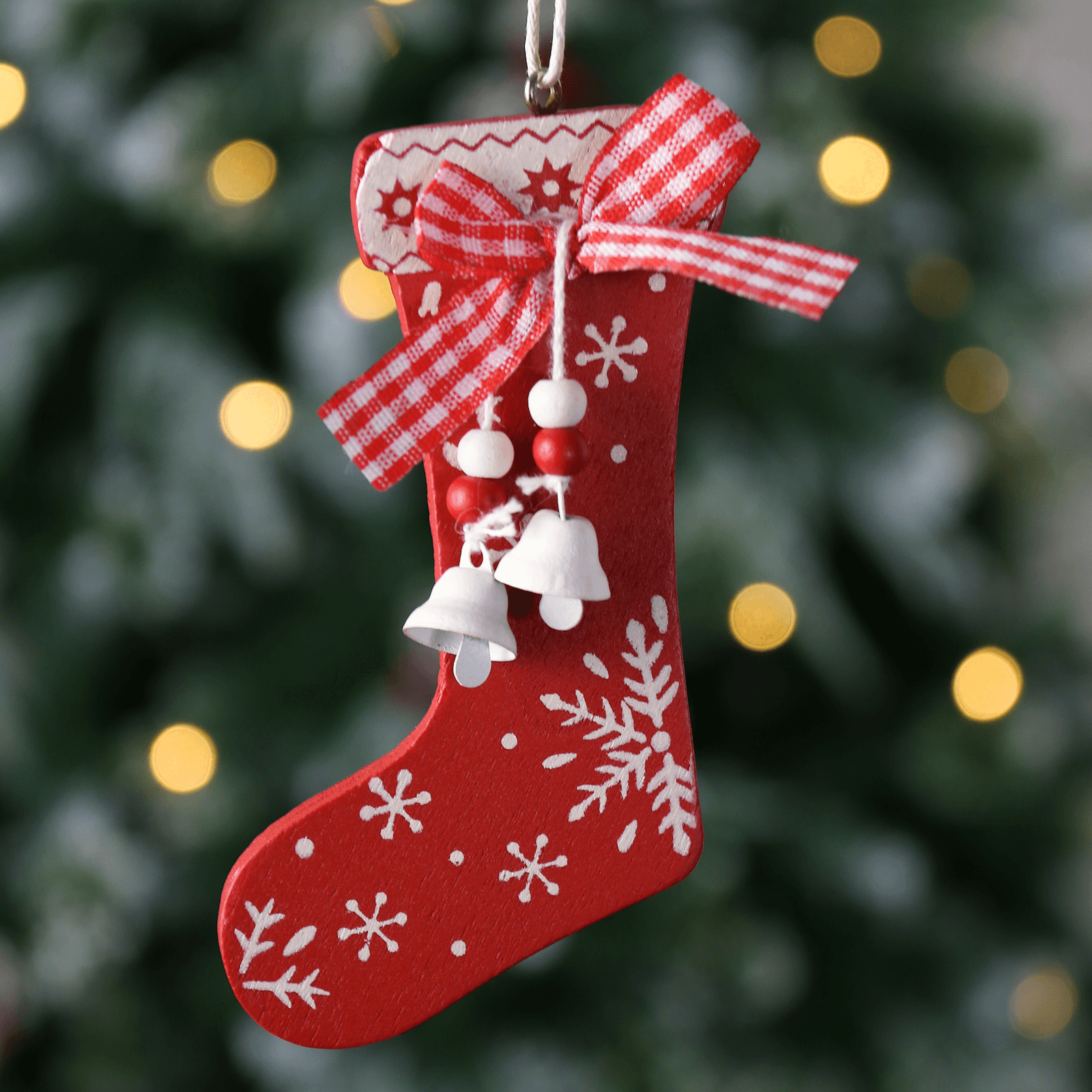 Mr Crimbo 6pk Red Wooden Stocking Christmas Tree Decorations - MrCrimbo.co.uk -XS4525 - -boxed tree decorations