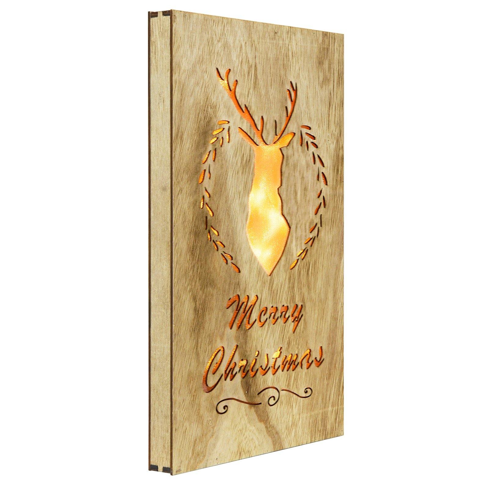 Mr Crimbo 15" Light Up Wooden Wall Plaque Christmas Decoration - MrCrimbo.co.uk -XS5025 - Stag Head -christmas decor