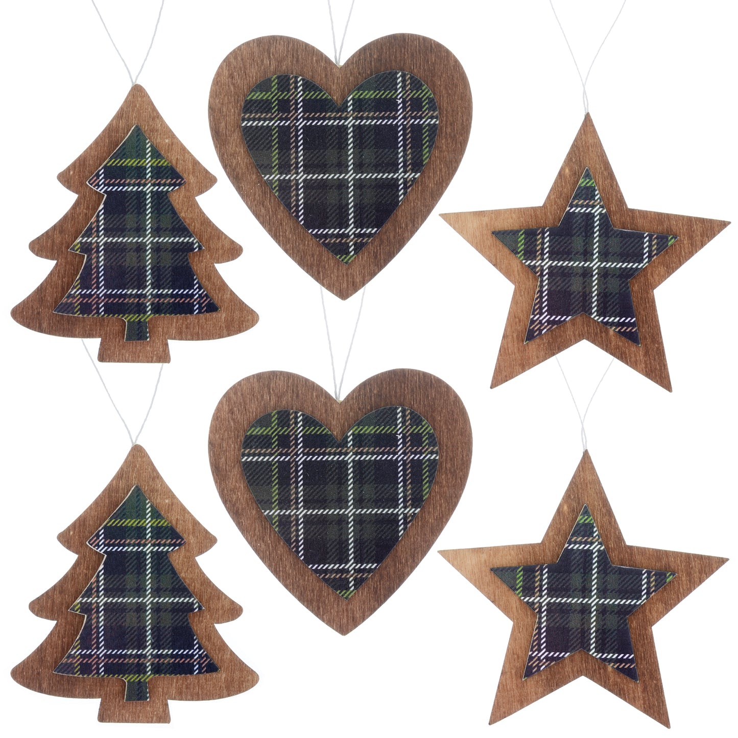 Mr Crimbo 6pk Tartan Wooden Shape Christmas Tree Decorations - MrCrimbo.co.uk -XS5264 - Green -decorations