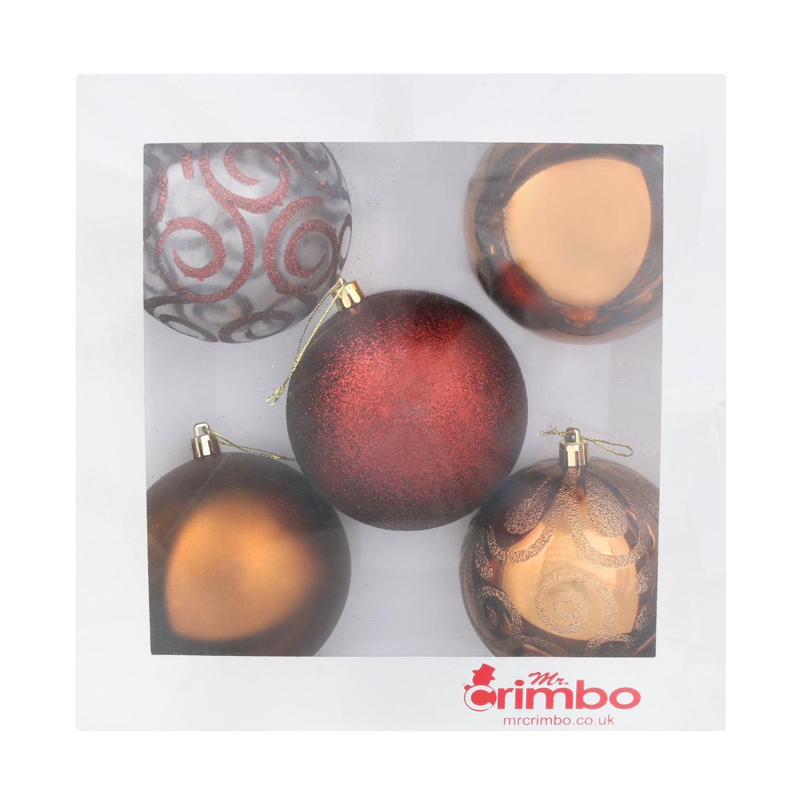 Mr Crimbo 5 x 10cm Christmas Tree Baubles Various Colours - MrCrimbo.co.uk -XS5686 - Coffee -Baubles
