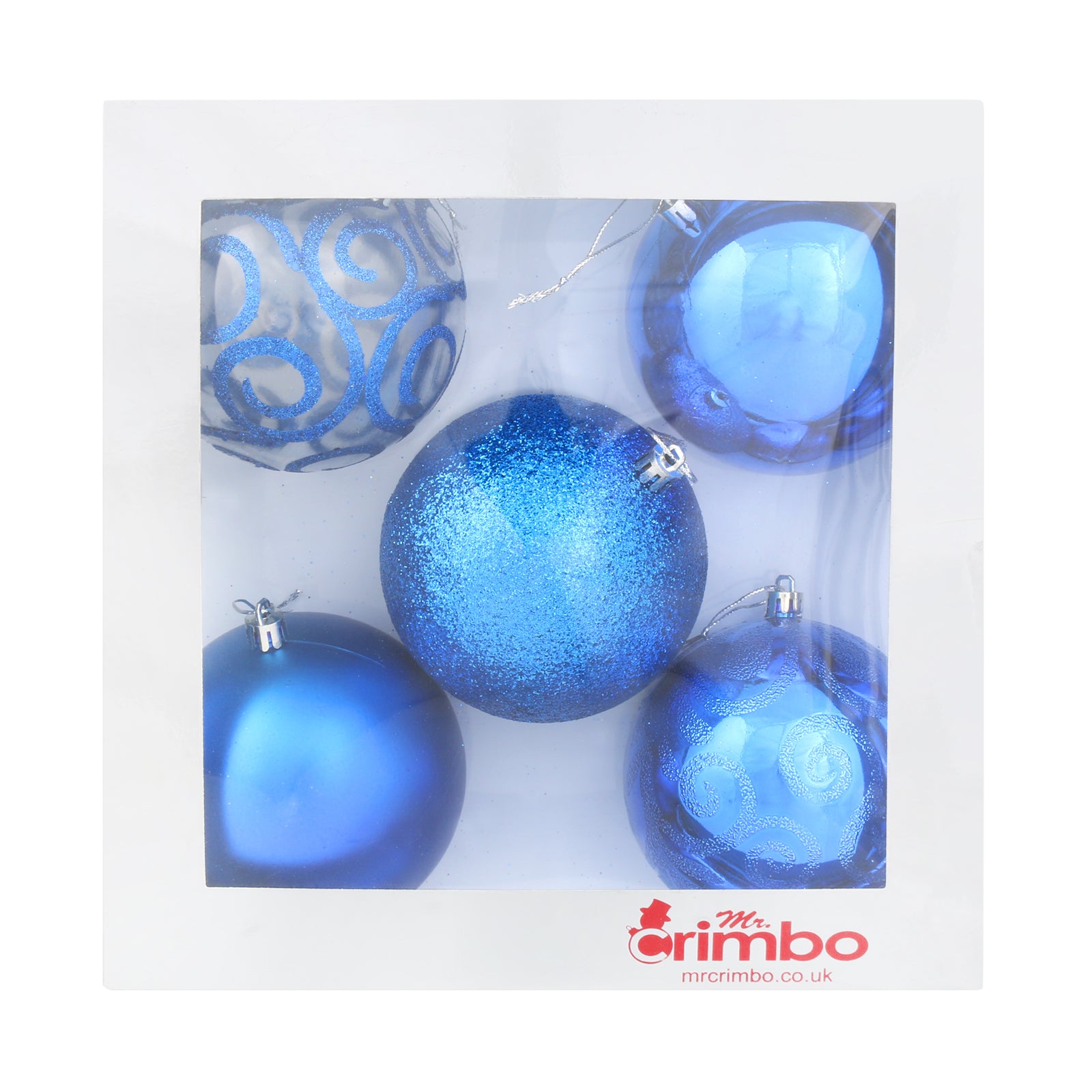 Mr Crimbo 5 x 10cm Christmas Tree Baubles Various Colours - MrCrimbo.co.uk -XS5687 - Blue -Baubles
