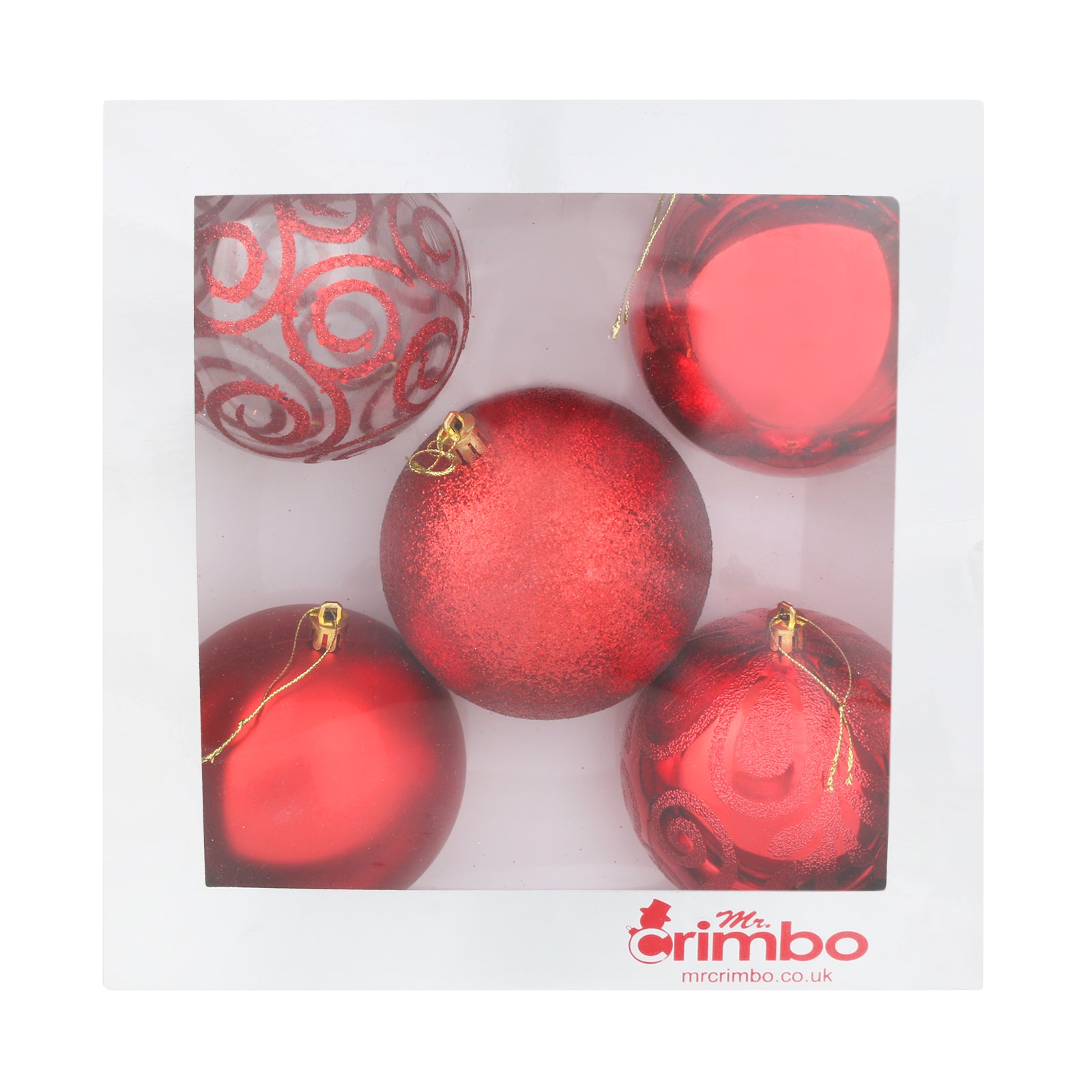 Mr Crimbo 5 x 10cm Christmas Tree Baubles Various Colours - MrCrimbo.co.uk -XS5690 - Red -Baubles