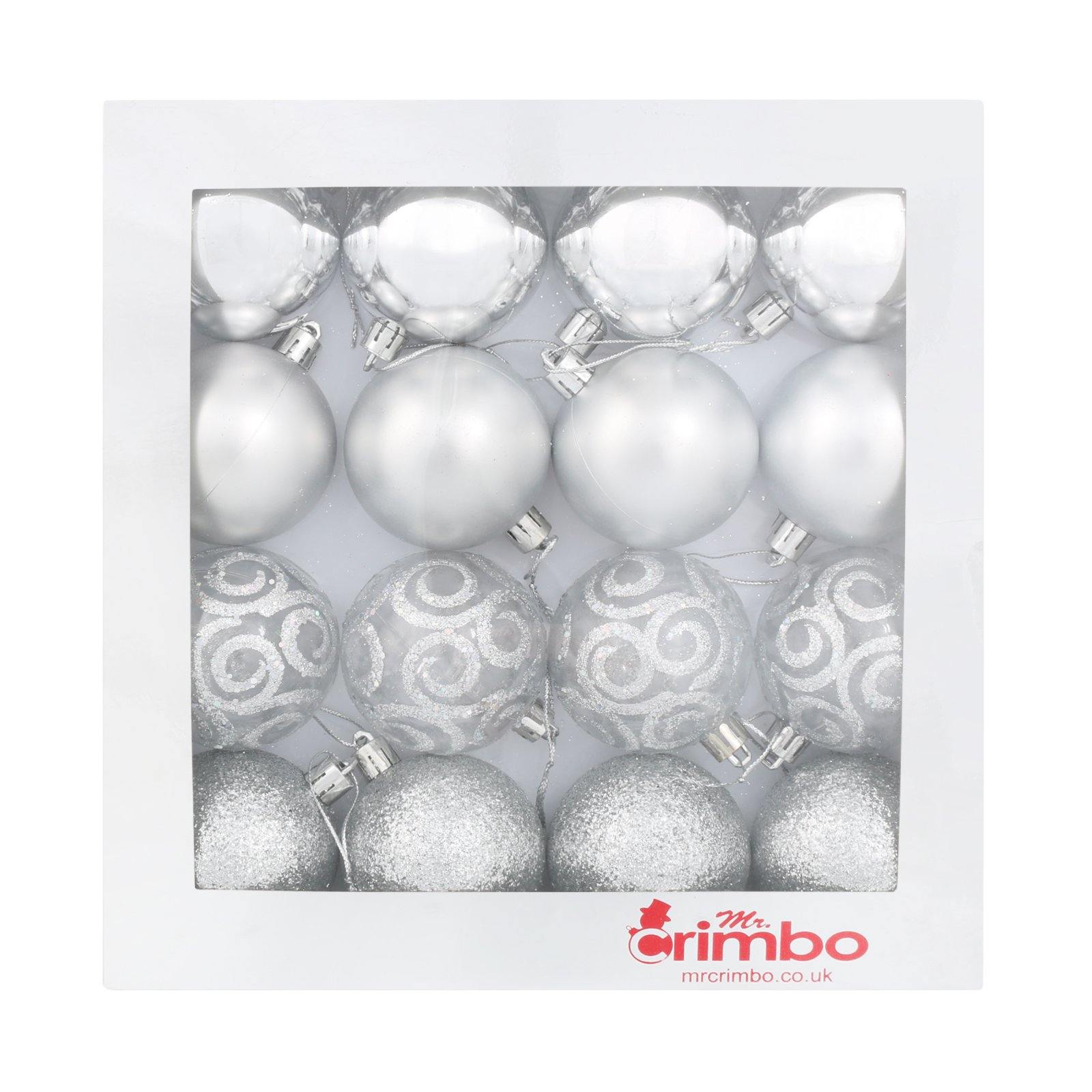 Mr Crimbo 16 x 6cm Christmas Tree Baubles Various Colours - MrCrimbo.co.uk -XS5700 - Silver -Baubles