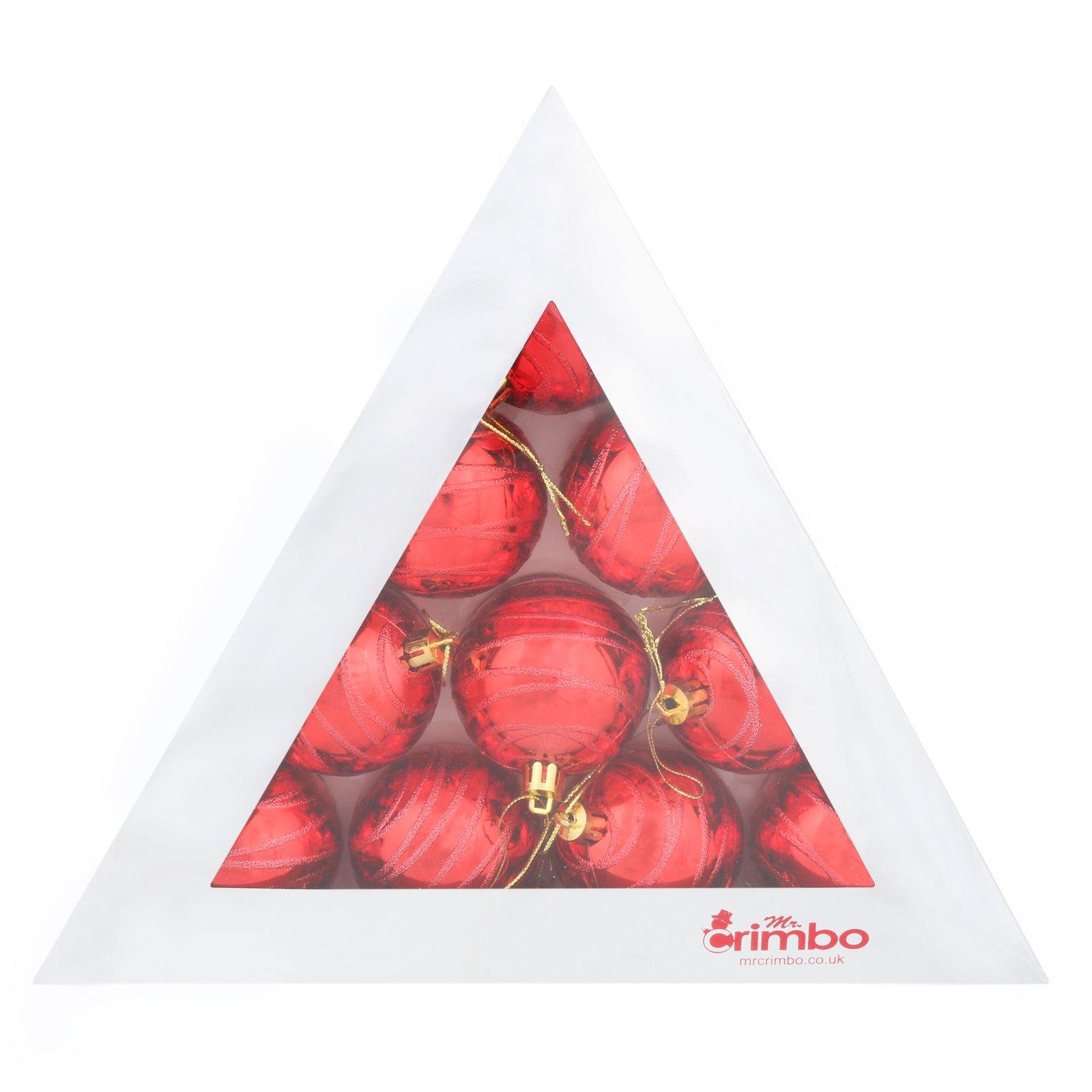 Mr Crimbo 10 x 6cm Mirrored Swirl Christmas Tree Baubles - MrCrimbo.co.uk -XS5705 - Red -Baubles