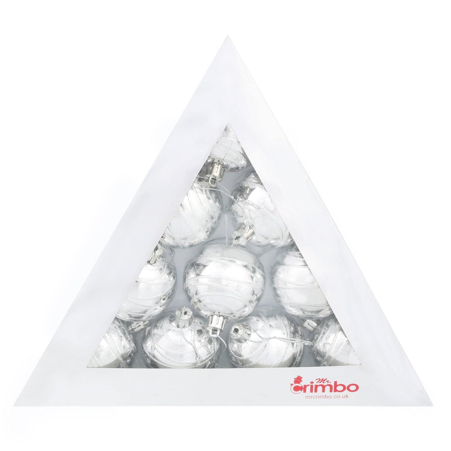 Mr Crimbo 10 x 6cm Mirrored Swirl Christmas Tree Baubles - MrCrimbo.co.uk -XS5706 - Silver -Baubles