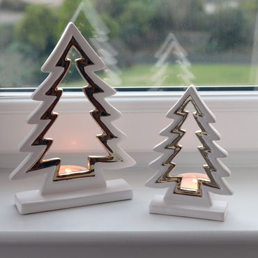 Mr Crimbo Christmas Tree Tealight Candle Holder White Gold - MrCrimbo.co.uk -XS5783 - 10cm -candles