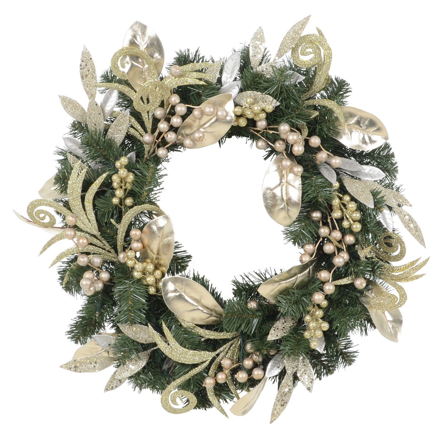 Mr Crimbo Pre-Lit Christmas Wreath Gold Silver Berries 24" - MrCrimbo.co.uk -XS5819 - -Decorations