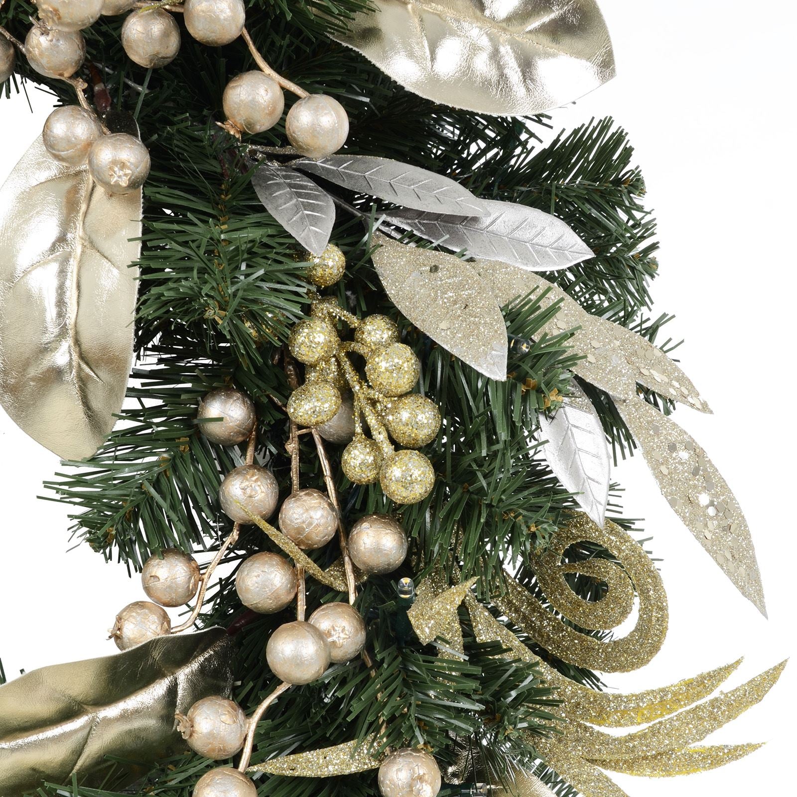 Mr Crimbo Pre-Lit Christmas Wreath Gold Silver Berries 24" - MrCrimbo.co.uk -XS5819 - -Decorations