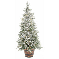 Mr Crimbo 4.5ft Pre-Lit Christmas Tree Flocked Pine Barrel Pot - MrCrimbo.co.uk -XS5820 - -4ft tree