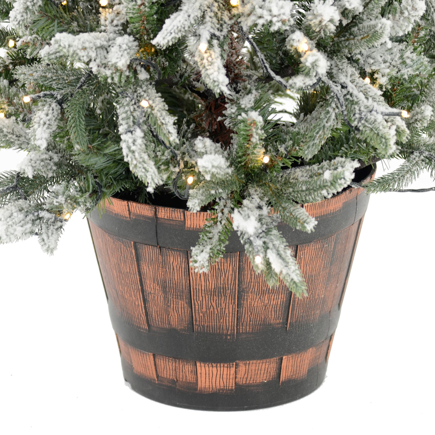 Mr Crimbo 4.5ft Pre-Lit Christmas Tree Flocked Pine Barrel Pot - MrCrimbo.co.uk -XS5820 - -4ft tree