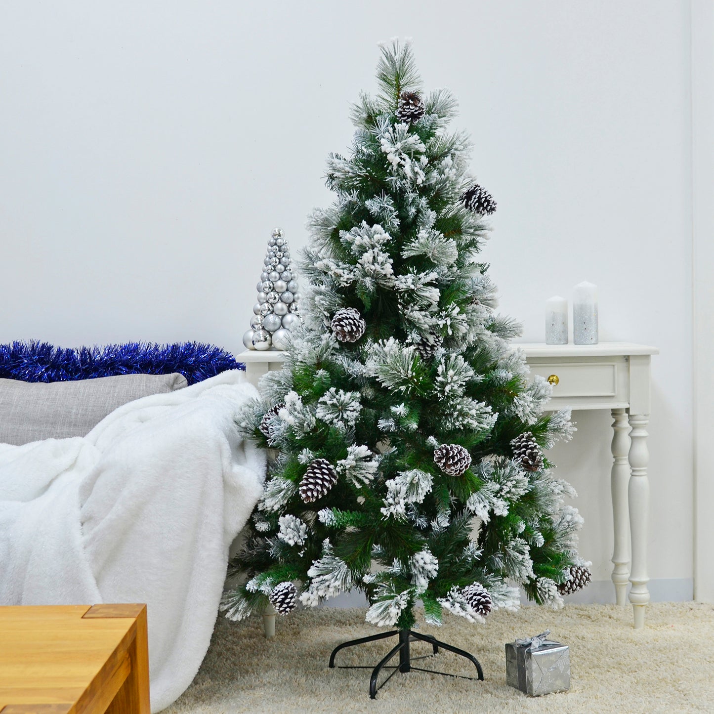Mr Crimbo 5ft 6ft 7ft Christmas Tree Flocked Snow Pine Cones - MrCrimbo.co.uk -XS6419 - 5ft -5ft tree