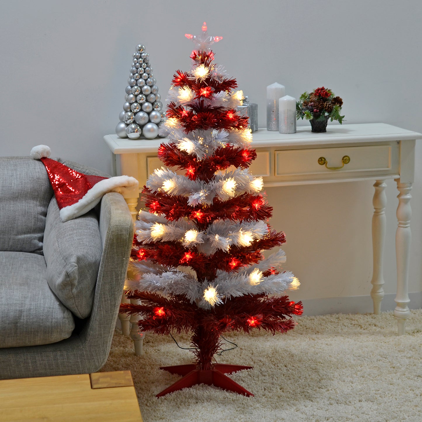 Mr Crimbo 4ft Fibre Optic Christmas Tree Stripe Red Blue - MrCrimbo.co.uk -XS6422 - Red/White -4ft christmas tree