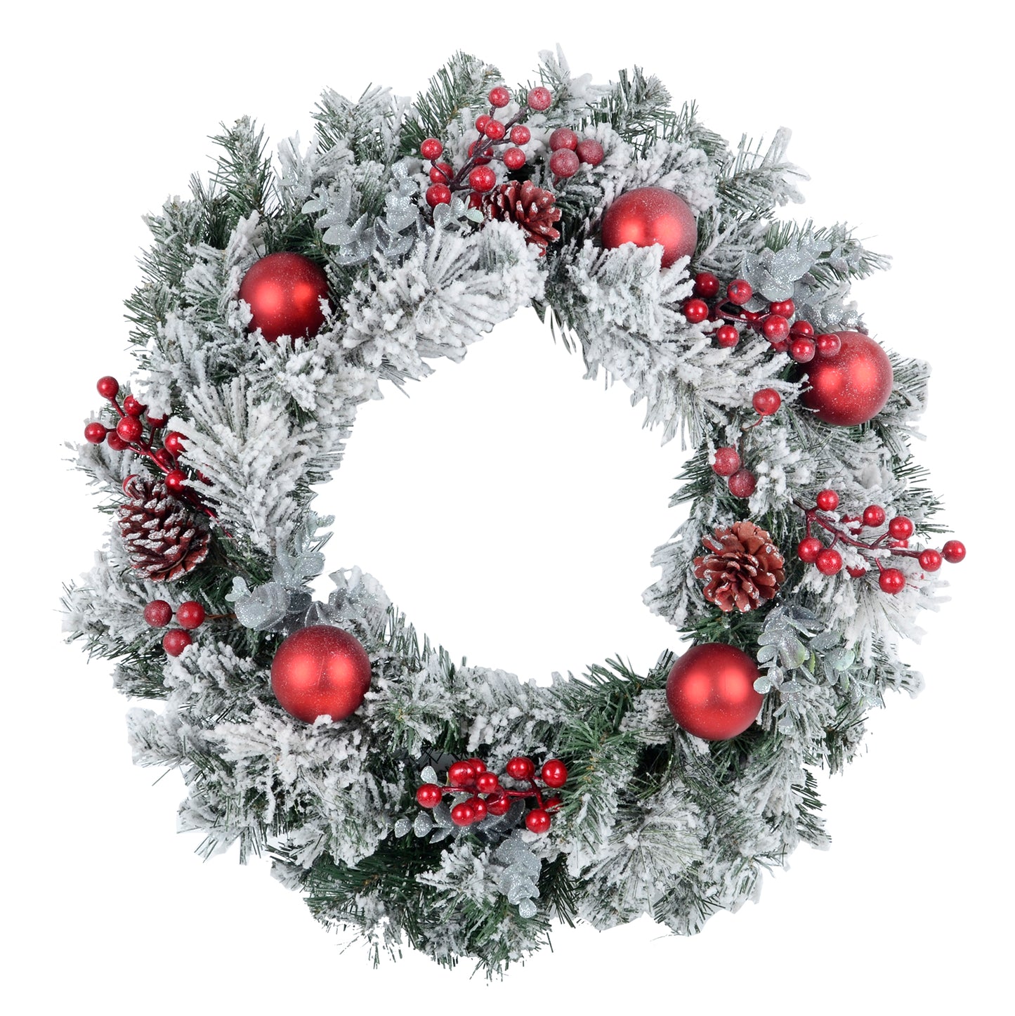 Mr Crimbo Snow Flocked Christmas Wreath With Red Berries 24" - MrCrimbo.co.uk -XS6435 - -24" wreath