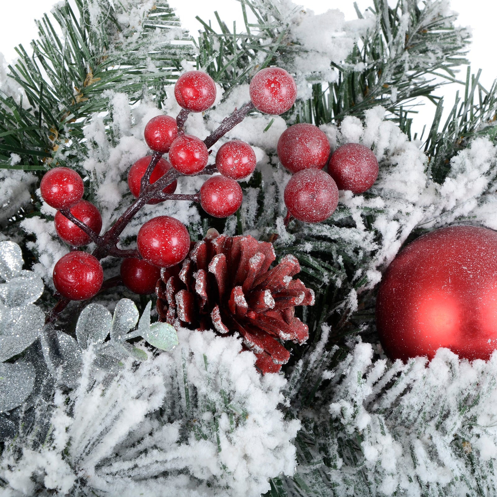 Mr Crimbo Snow Flocked Christmas Wreath With Red Berries 24" - MrCrimbo.co.uk -XS6435 - -24" wreath